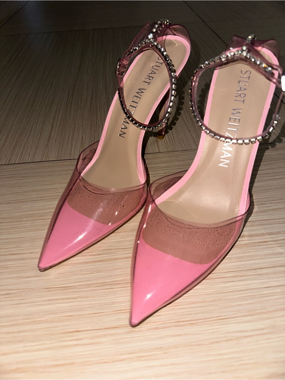 Stuart Weitzman Pink Pointed PVC Ankle-Strap Pumps with Rhinestones